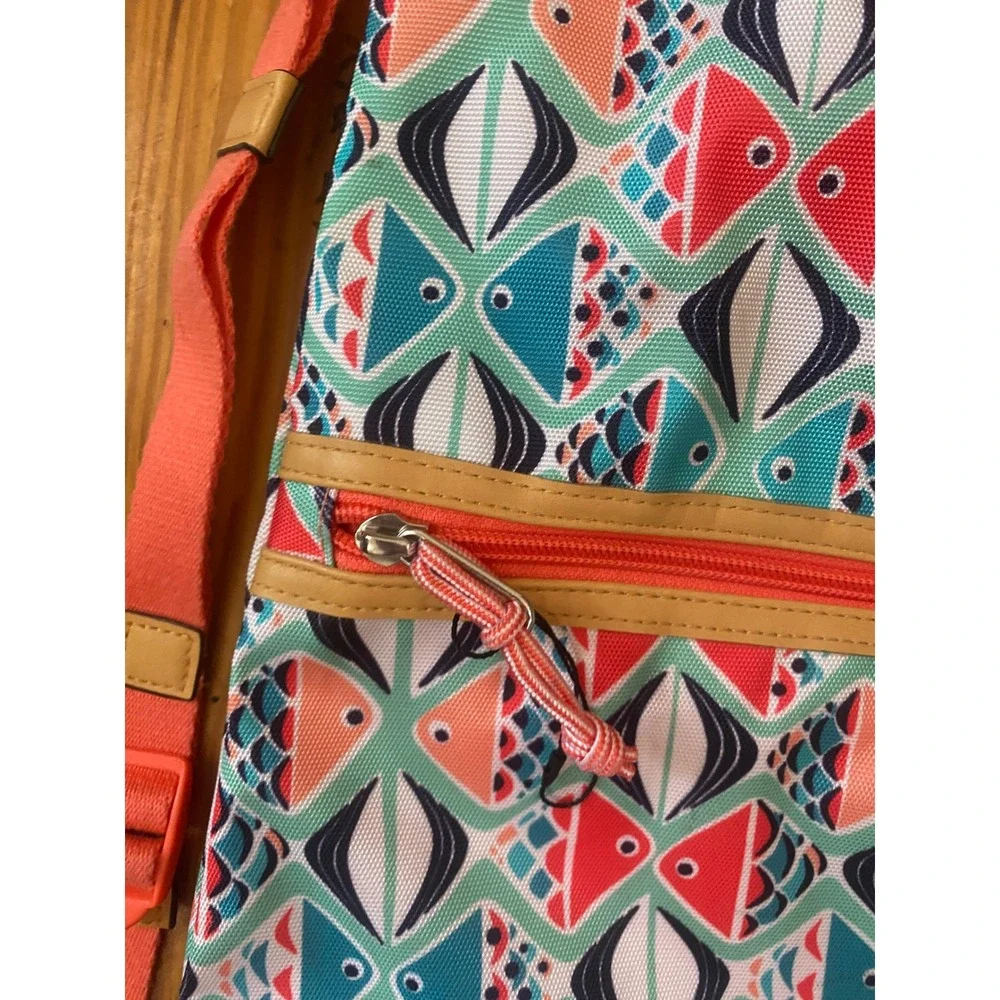 Vera Bradley Fish Print Drawstring Backpack Coral Teal Geometric Beach‎ Gym Bag